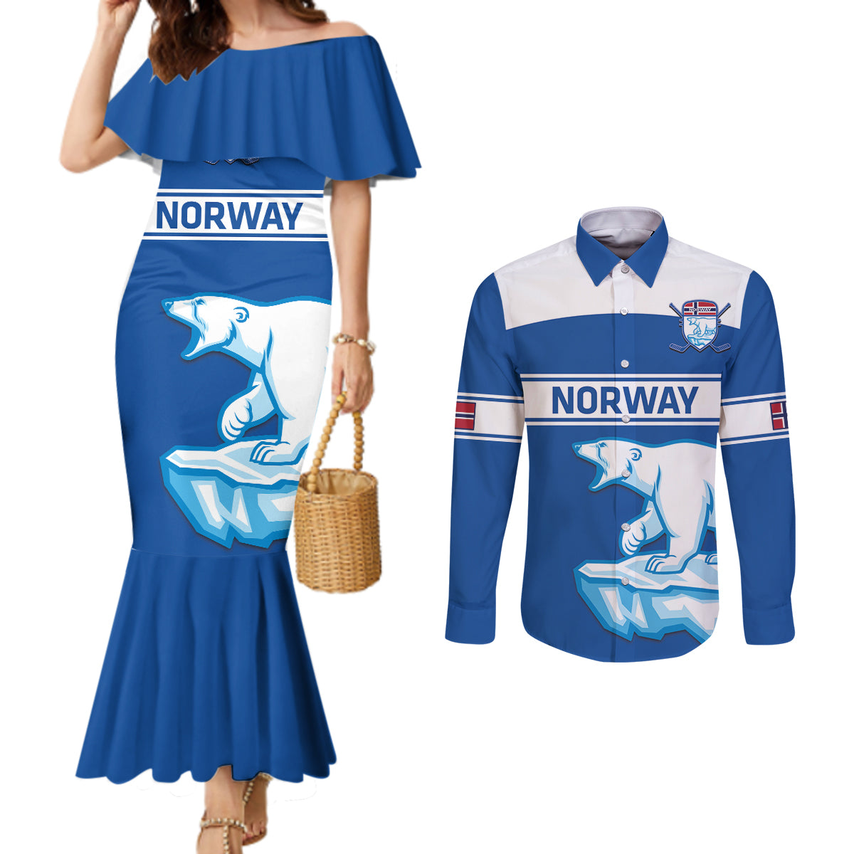 Custom Norway Hockey Couples Matching Mermaid Dress and Long Sleeve Button Shirt Go Norge Polar