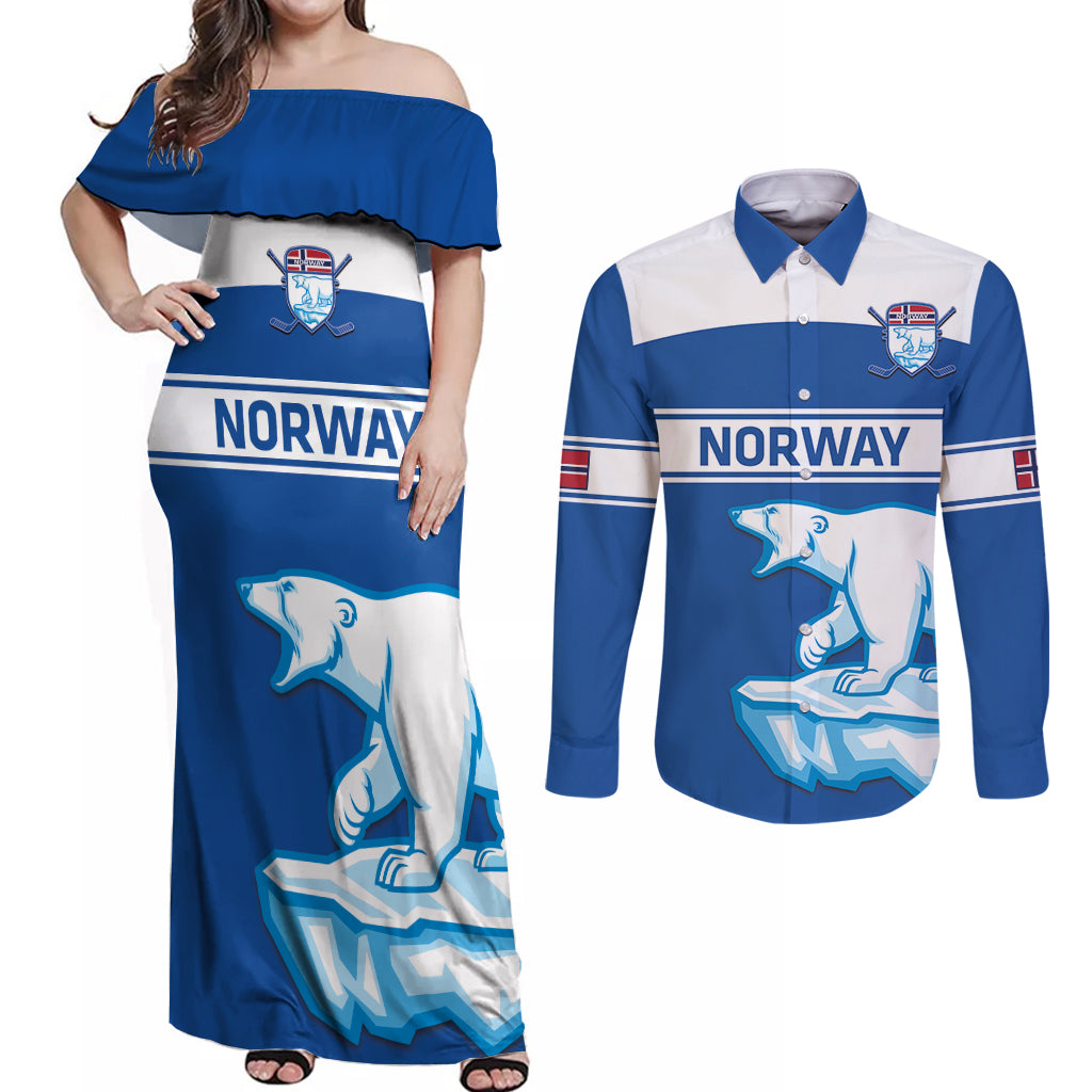 Custom Norway Hockey Couples Matching Off Shoulder Maxi Dress and Long Sleeve Button Shirt Go Norge Polar - Wonder Print Shop