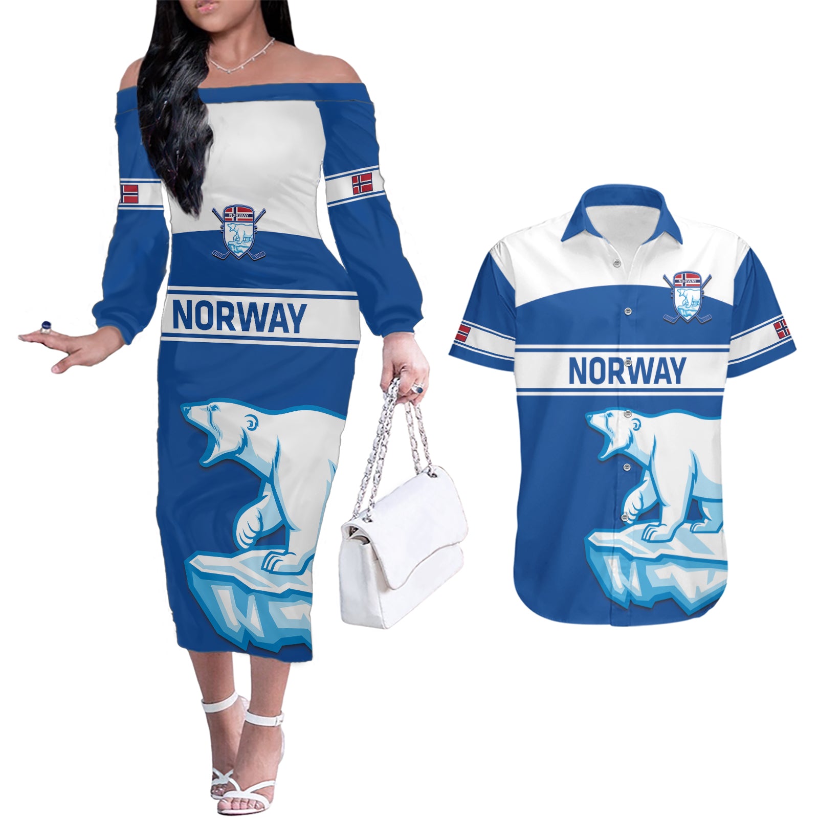 Custom Norway Hockey Couples Matching Off The Shoulder Long Sleeve Dress and Hawaiian Shirt Go Norge Polar - Wonder Print Shop