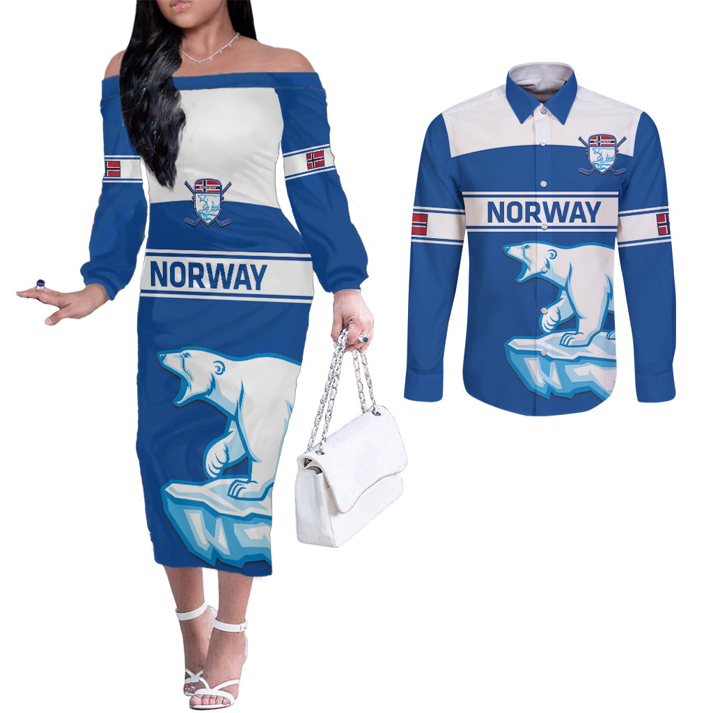 Custom Norway Hockey Couples Matching Off The Shoulder Long Sleeve Dress and Long Sleeve Button Shirt Go Norge Polar