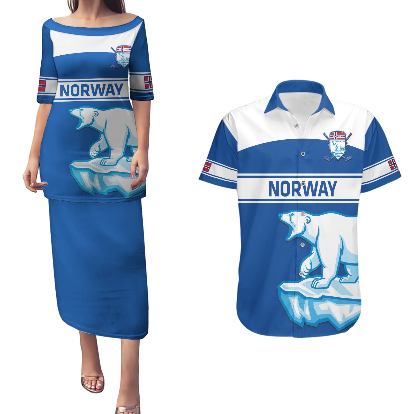 Custom Norway Hockey Couples Matching Puletasi and Hawaiian Shirt Go Norge Polar - Wonder Print Shop