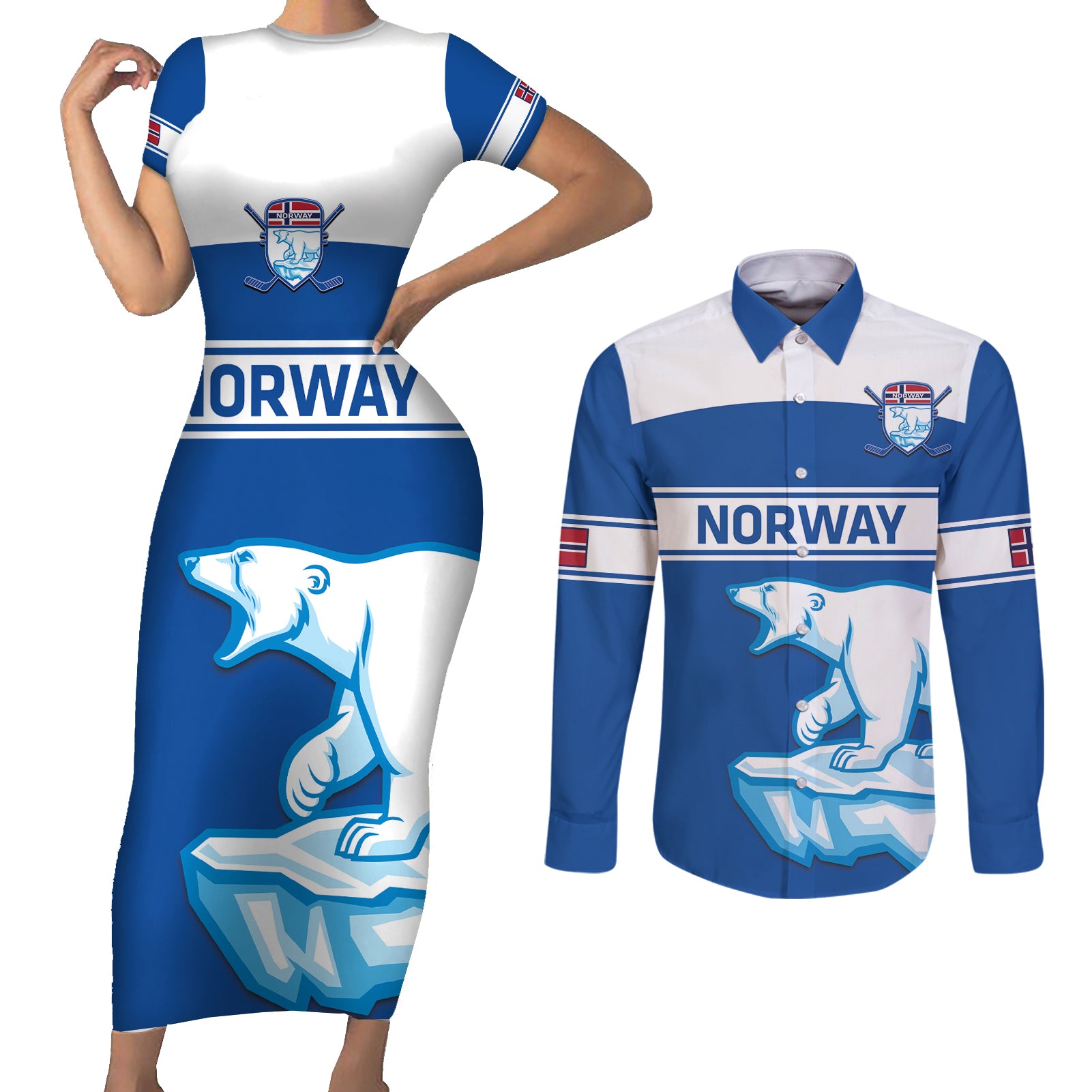 Custom Norway Hockey Couples Matching Short Sleeve Bodycon Dress and Long Sleeve Button Shirt Go Norge Polar - Wonder Print Shop