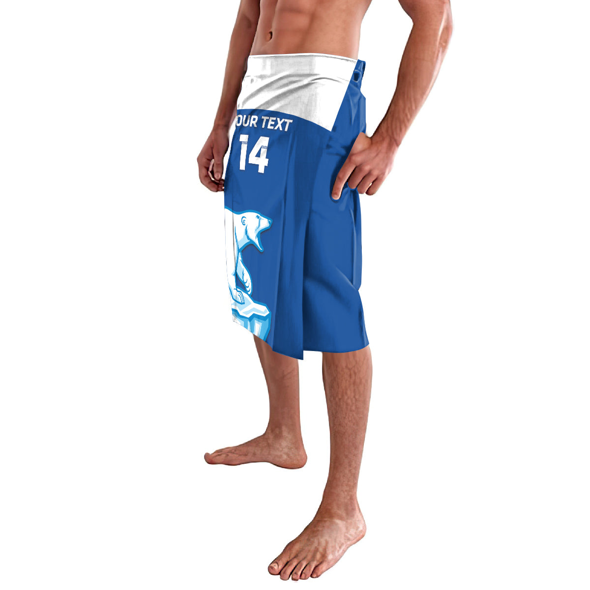 Blue athletic shorts with side graphic showing custom text and number 14