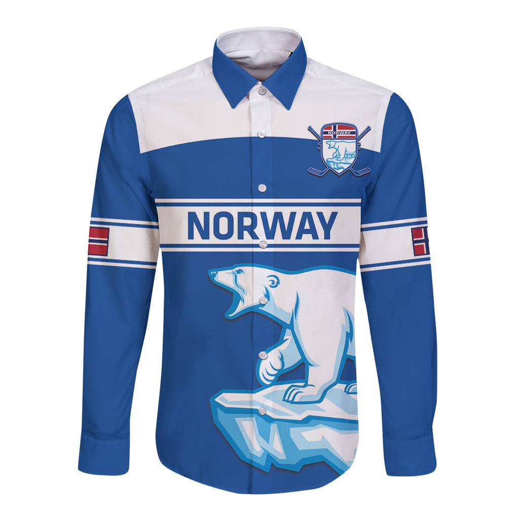 Blue and white long-sleeve hockey button shirt with Norway logo and front graphic