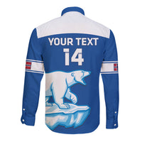 Blue and white long-sleeve hockey button shirt, back print with your text and 14