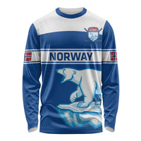 Blue and white long-sleeve hockey jersey with Norway text and team crest