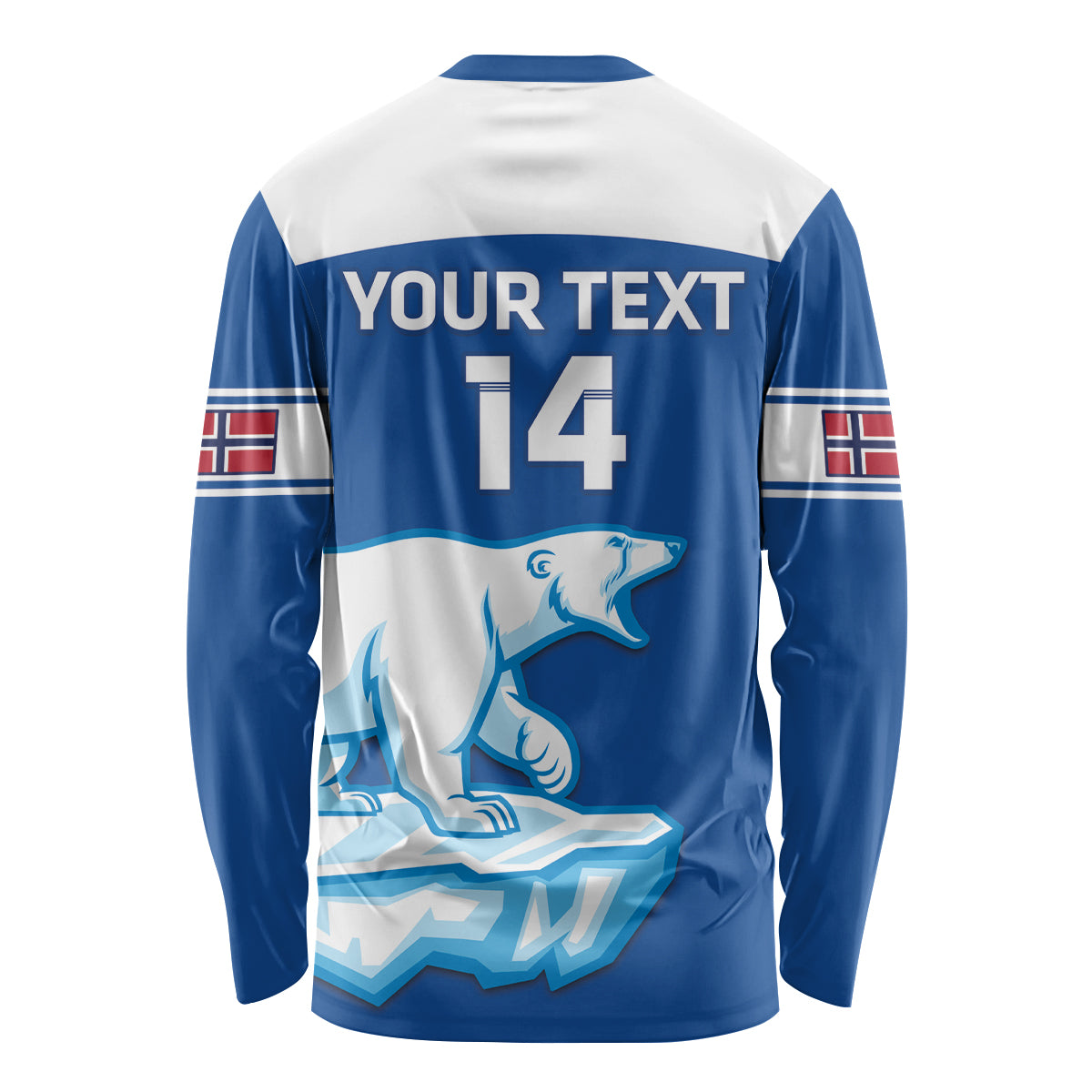 Blue and white long-sleeve hockey jersey back with YOUR TEXT and number 14