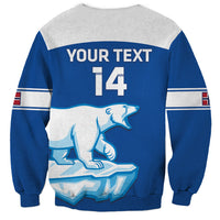 Custom hockey sweatshirt back in blue and gray, 'YOUR TEXT 14' with dog graphic