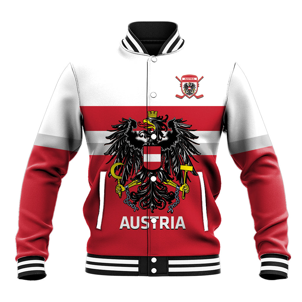 Red and white unisex hockey baseball varsity jacket with crest logo and button front