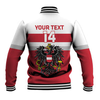Red and white unisex hockey baseball jacket with large eagle crest, ribbed collar, '14'