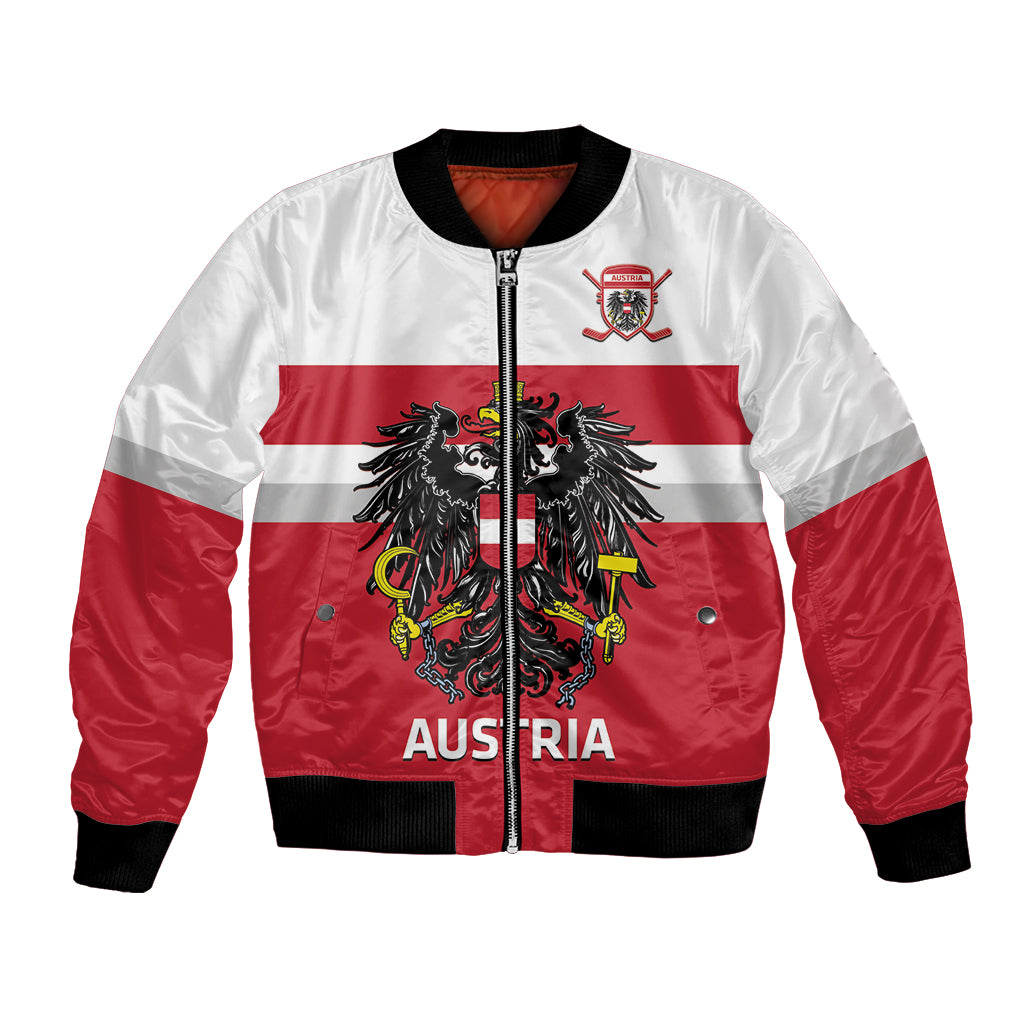 Men's Austria hockey bomber jacket in red and white with crest front and full zipper