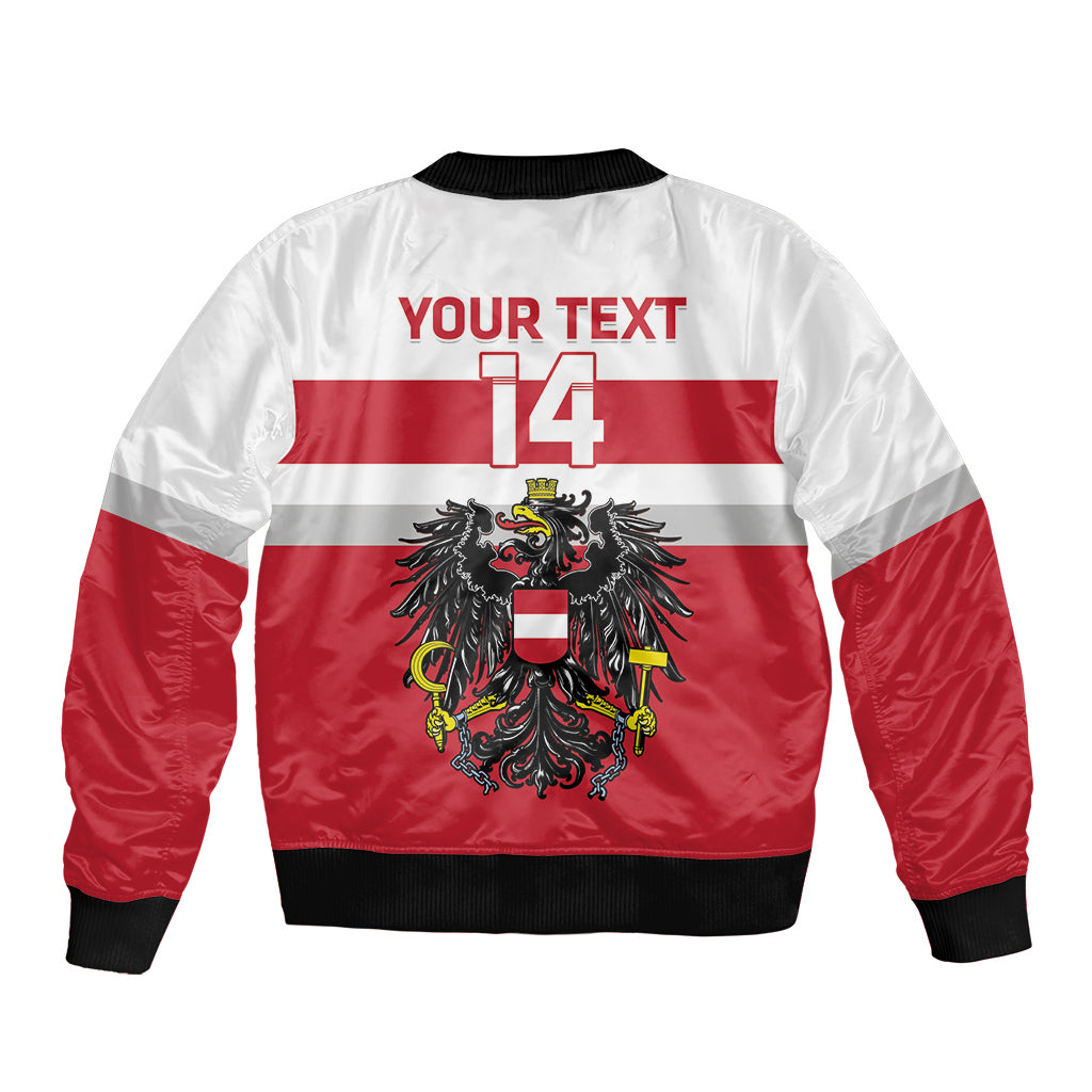 Austria hockey bomber jacket red and white with crest back, 'YOUR TEXT 14', rib trim