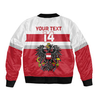 Austria hockey bomber jacket red and white with crest back, 'YOUR TEXT 14', rib trim