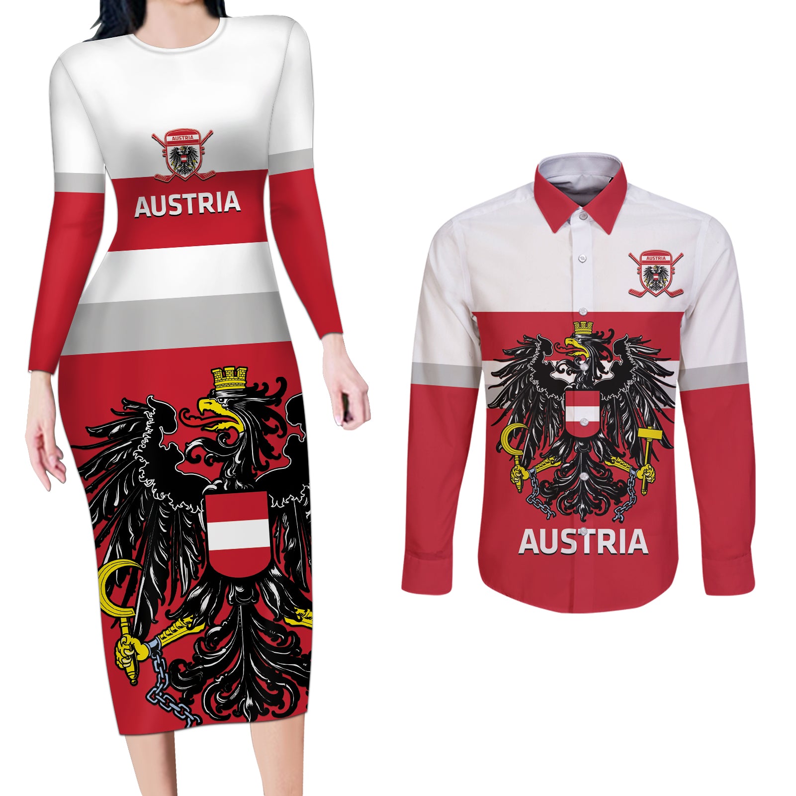 Custom Austria Hockey Couples Matching Long Sleeve Bodycon Dress and Long Sleeve Button Shirt Go Osterreich Eagles - Wonder Print Shop