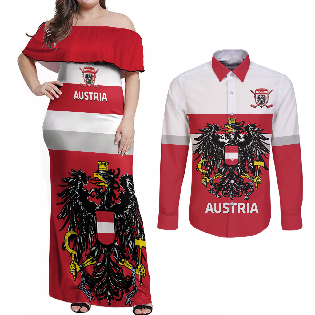 Custom Austria Hockey Couples Matching Off Shoulder Maxi Dress and Long Sleeve Button Shirt Go Osterreich Eagles - Wonder Print Shop