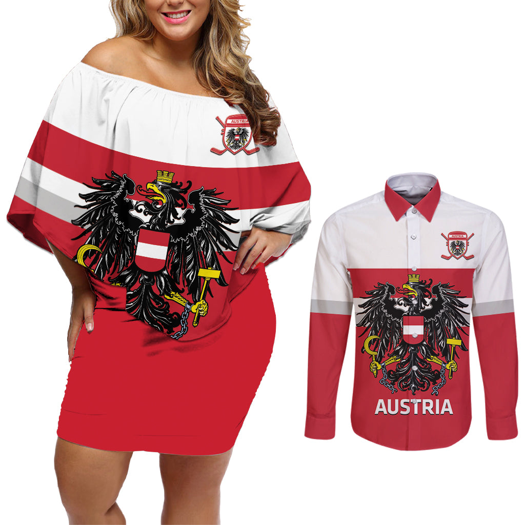 Custom Austria Hockey Couples Matching Off Shoulder Short Dress and Long Sleeve Button Shirt Go Osterreich Eagles - Wonder Print Shop