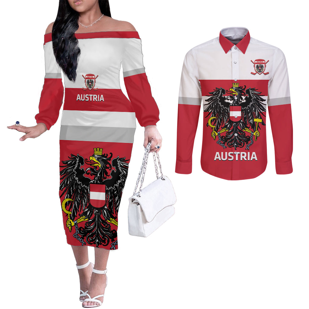 Custom Austria Hockey Couples Matching Off The Shoulder Long Sleeve Dress and Long Sleeve Button Shirt Go Osterreich Eagles