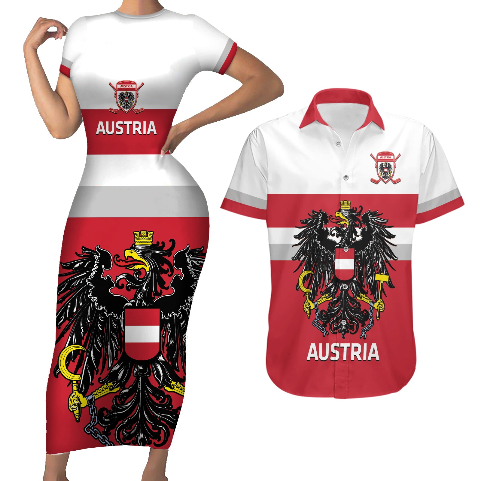 Custom Austria Hockey Couples Matching Short Sleeve Bodycon Dress and Hawaiian Shirt Go Osterreich Eagles - Wonder Print Shop