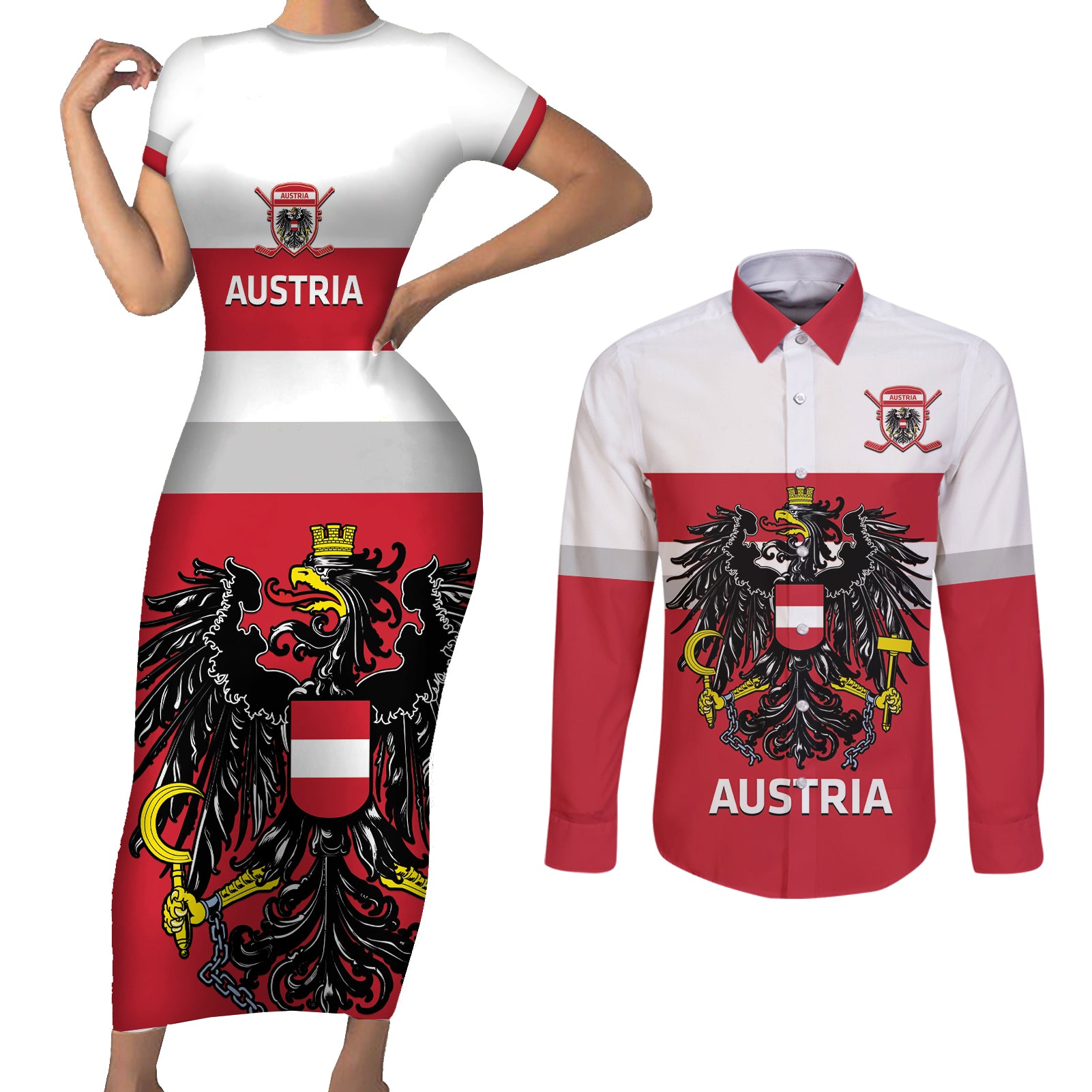 Custom Austria Hockey Couples Matching Short Sleeve Bodycon Dress and Long Sleeve Button Shirt Go Osterreich Eagles - Wonder Print Shop