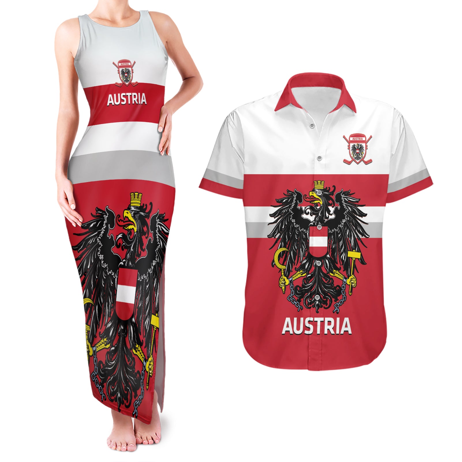 Custom Austria Hockey Couples Matching Tank Maxi Dress and Hawaiian Shirt Go Osterreich Eagles - Wonder Print Shop