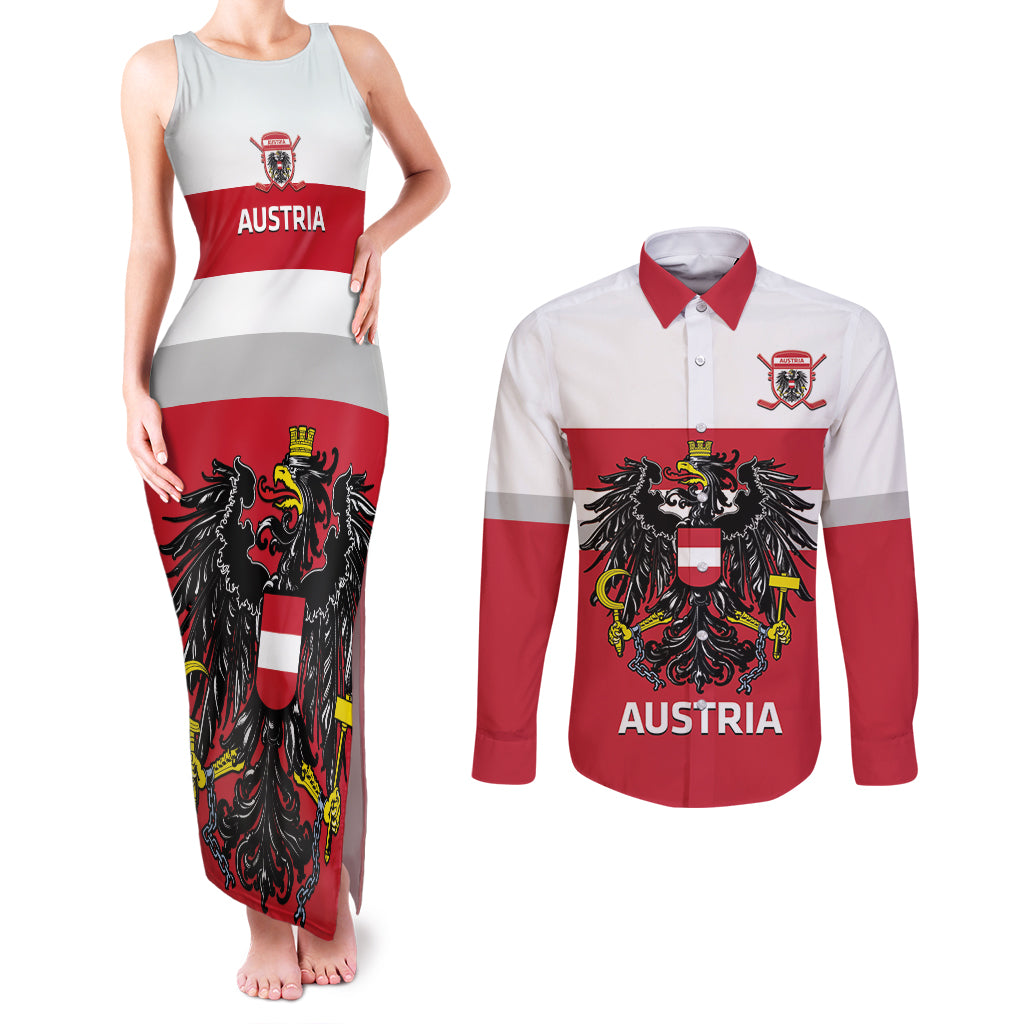 Custom Austria Hockey Couples Matching Tank Maxi Dress and Long Sleeve Button Shirt Go Osterreich Eagles - Wonder Print Shop