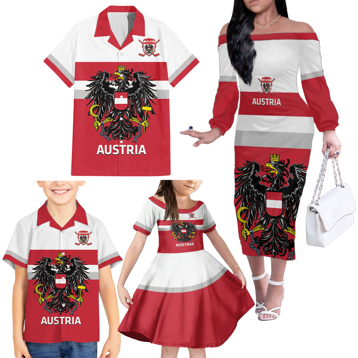 Custom Austria Hockey Family Matching Off The Shoulder Long Sleeve Dress and Hawaiian Shirt Go Osterreich Eagles - Wonder Print Shop