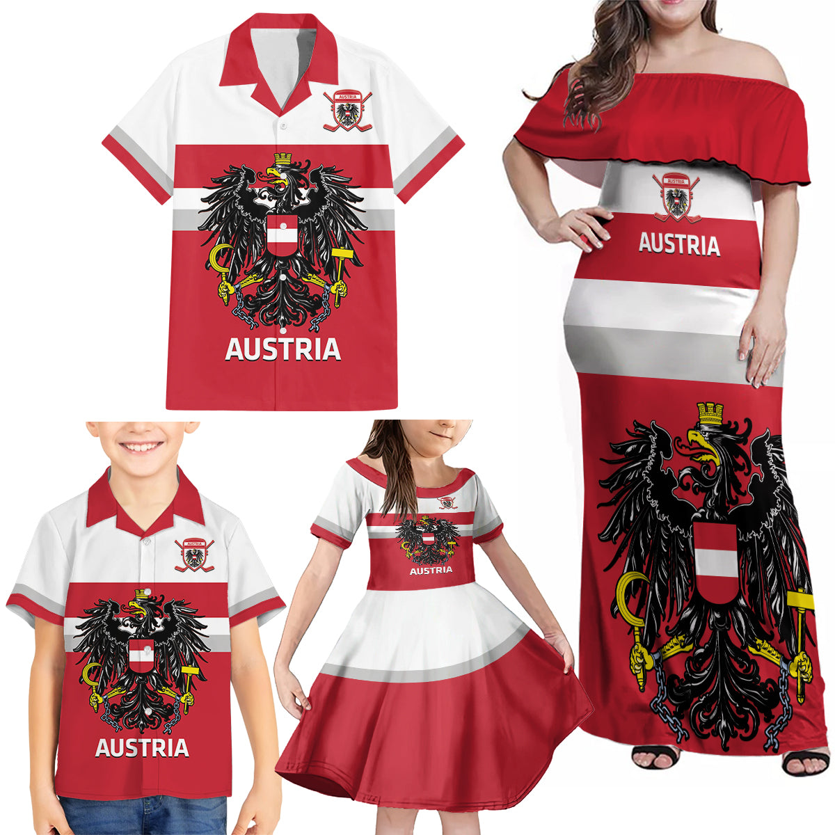 Custom Austria Hockey Family Matching Off Shoulder Maxi Dress and Hawaiian Shirt Go Osterreich Eagles - Wonder Print Shop