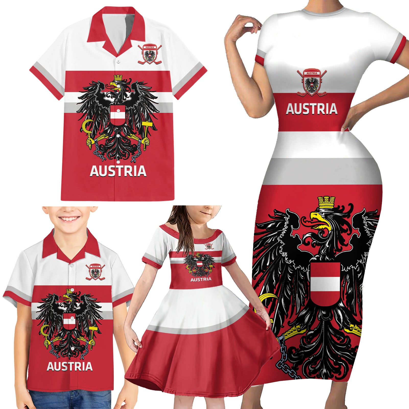 Custom Austria Hockey Family Matching Short Sleeve Bodycon Dress and Hawaiian Shirt Go Osterreich Eagles - Wonder Print Shop