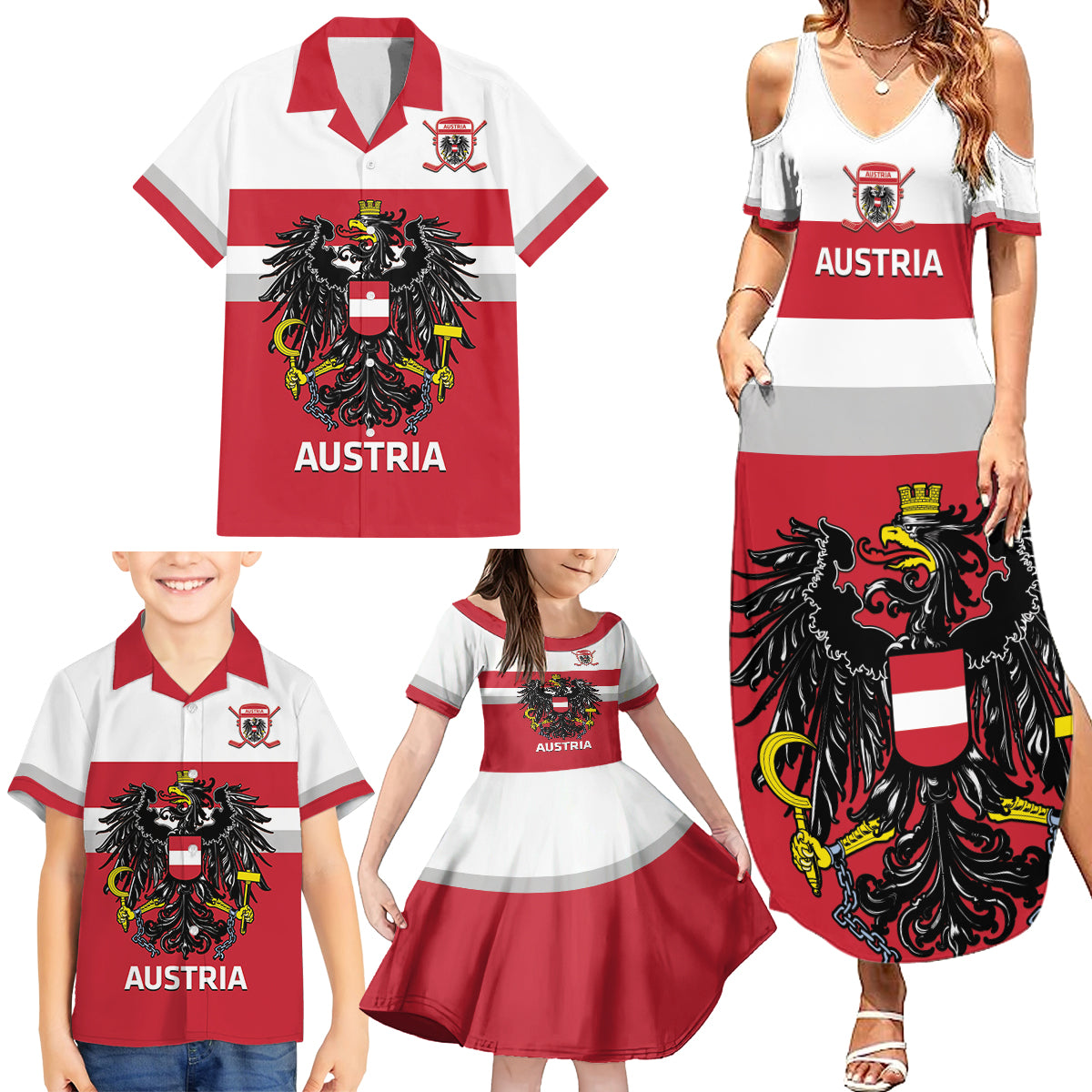 Custom Austria Hockey Family Matching Summer Maxi Dress and Hawaiian Shirt Go Osterreich Eagles - Wonder Print Shop