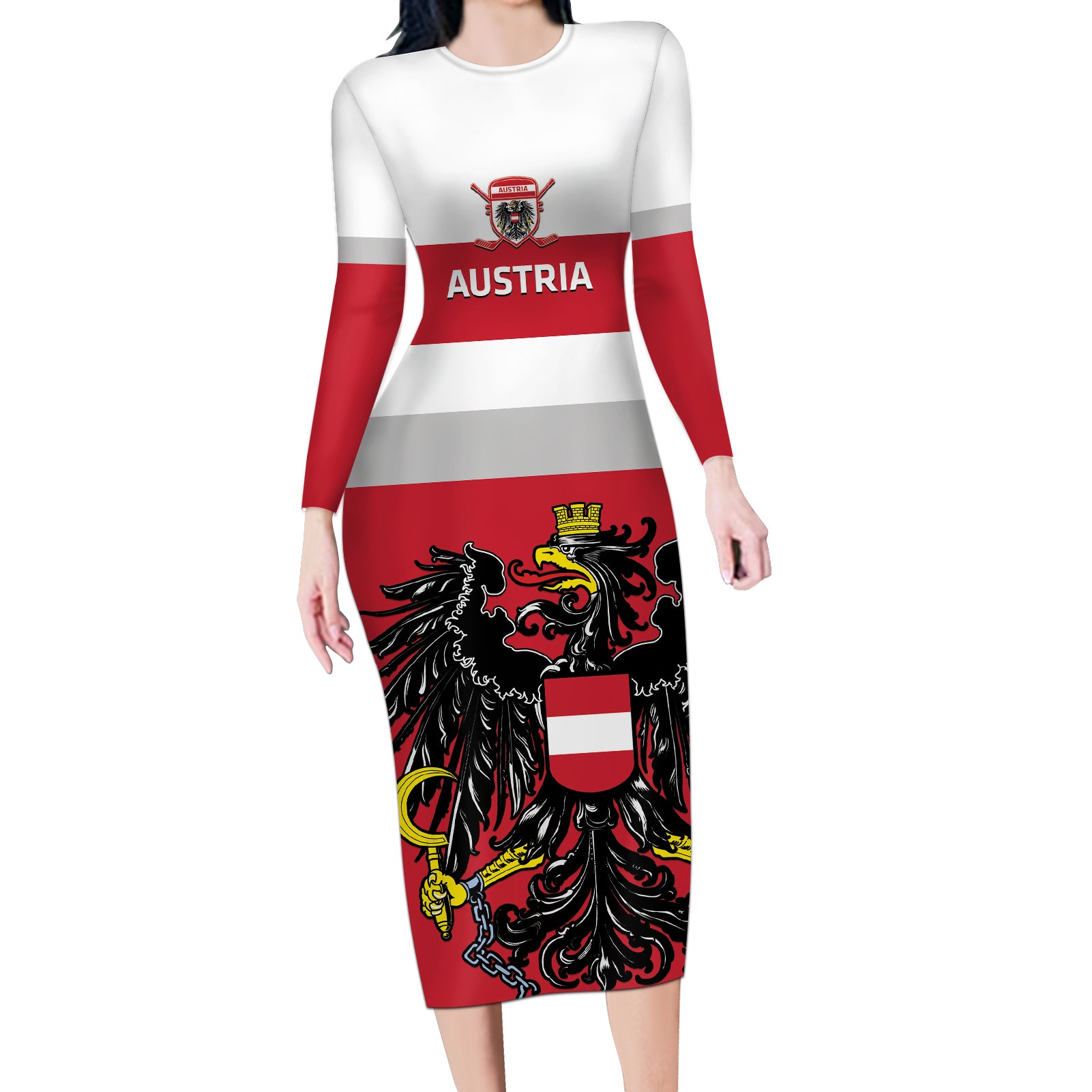 Custom Austria Hockey Long Sleeve Bodycon Dress Go Osterreich Eagles - Wonder Print Shop