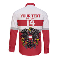 Hockey long-sleeve button shirt back, white with red stripes, Your Text and 14