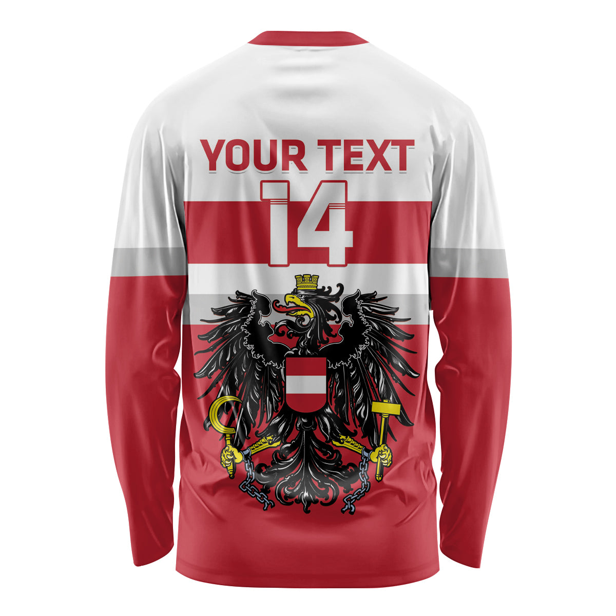 Red and white long-sleeve hockey shirt with back 'YOUR TEXT' and '14' print