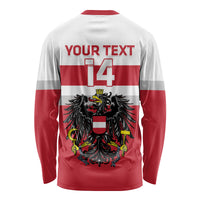 Red and white long-sleeve hockey shirt with back 'YOUR TEXT' and '14' print