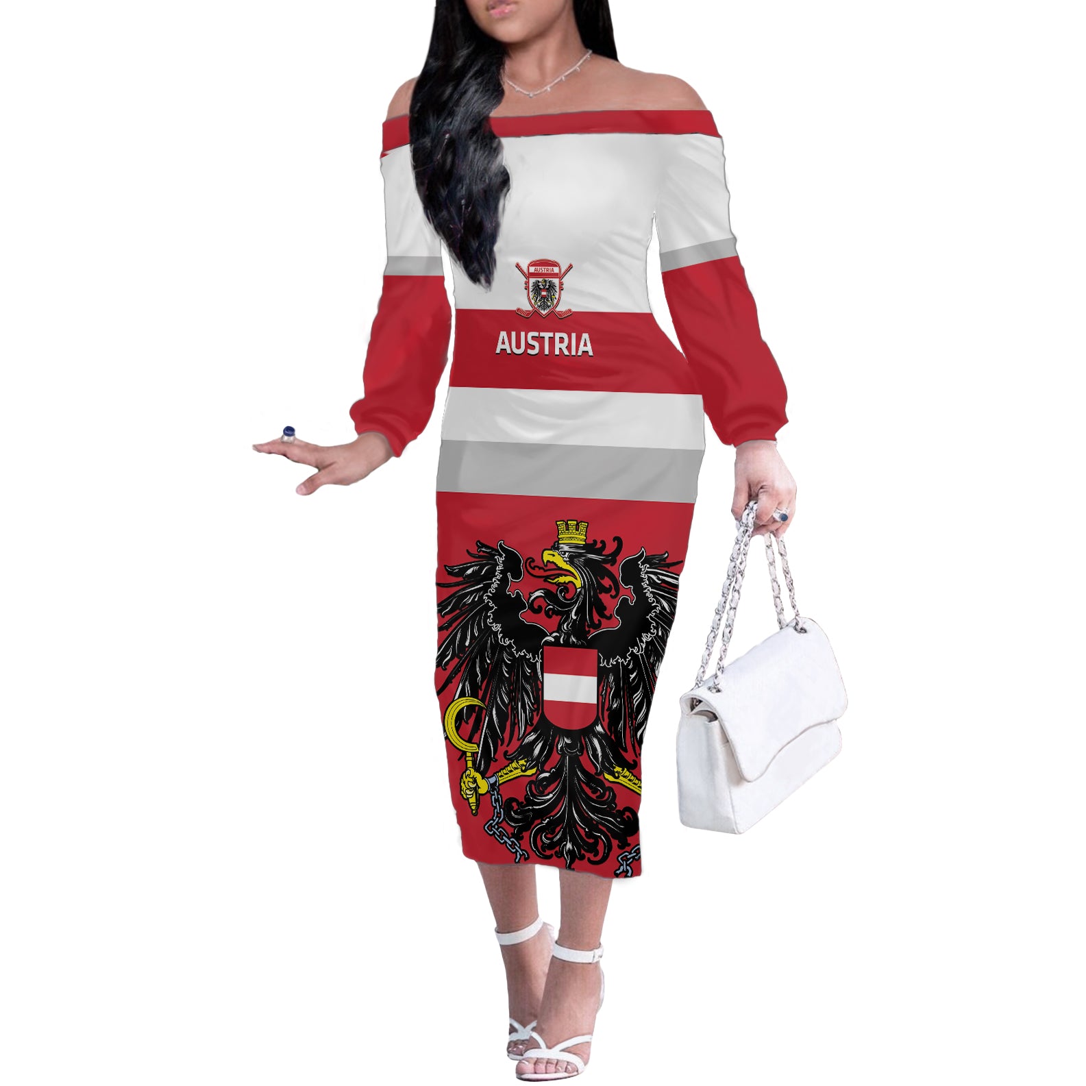 Custom Austria Hockey Off The Shoulder Long Sleeve Dress Go Osterreich Eagles - Wonder Print Shop