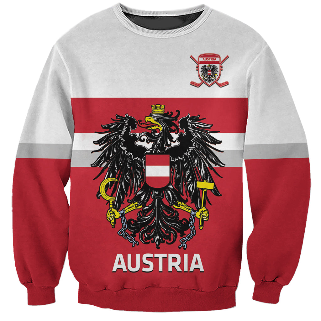 Unisex hockey sweatshirt with gray body, red sleeves, Austria crest and AUSTRIA text