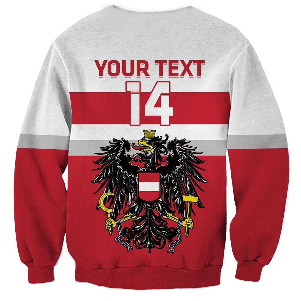 Unisex hockey sweatshirt with gray body, red sleeves, back print 'YOUR TEXT' and 14