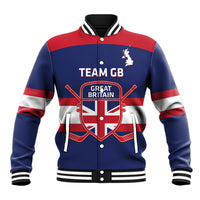 Blue varsity baseball jacket with red/yellow stripes, Team GB crest, ribbed hem and cuffs