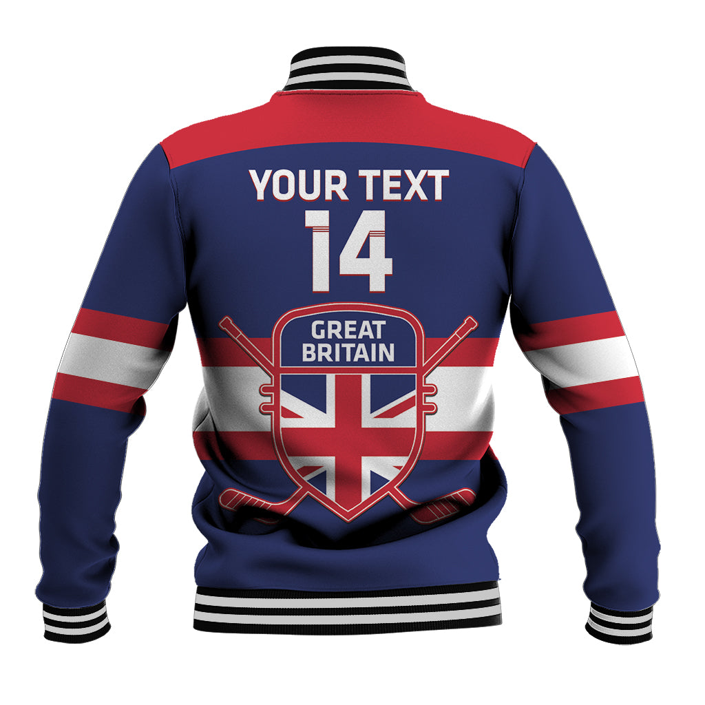 Blue varsity baseball jacket back with YOUR TEXT 14, Great Britain crest, striped sleeves