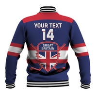 Blue varsity baseball jacket back with YOUR TEXT 14, Great Britain crest, striped sleeves
