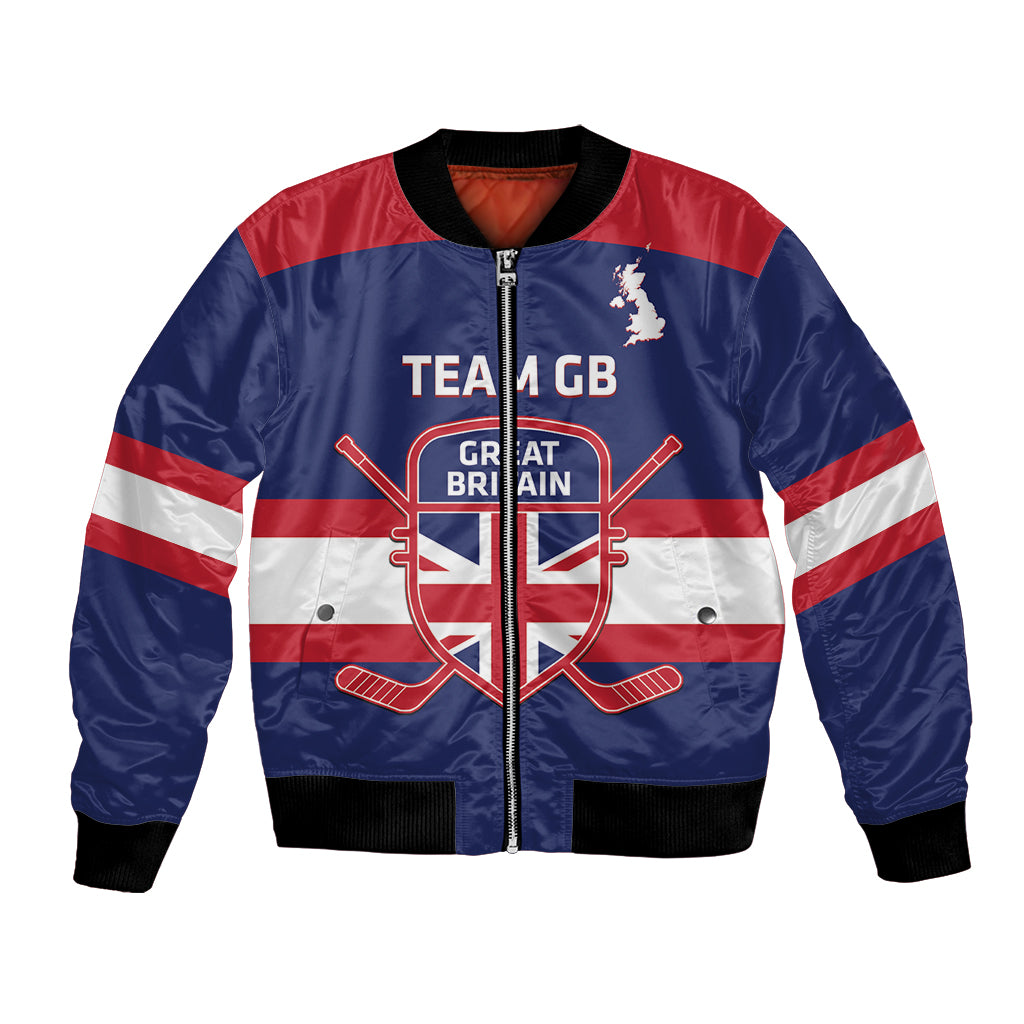 Blue bomber jacket with red/white stripes, zip front, TEAM GB hockey crest.