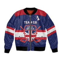Blue bomber jacket with red/white stripes, zip front, TEAM GB hockey crest.