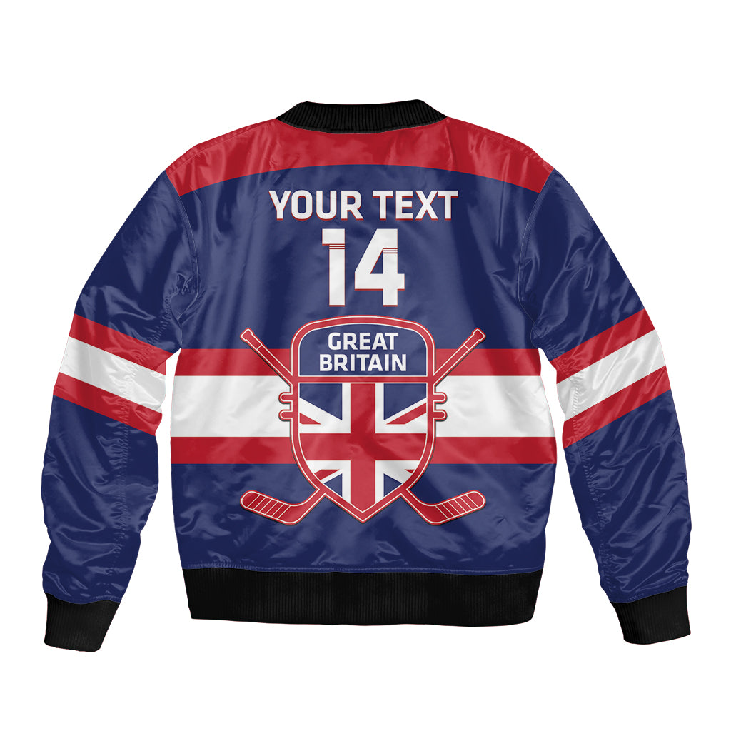 Blue bomber jacket with red/white stripes, YOUR TEXT 14, GB crest on back.
