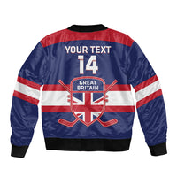 Blue bomber jacket with red/white stripes, YOUR TEXT 14, GB crest on back.