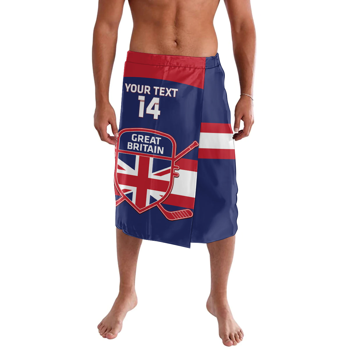 Blue hockey-style board shorts with red waistband, Great Britain crest and number 14