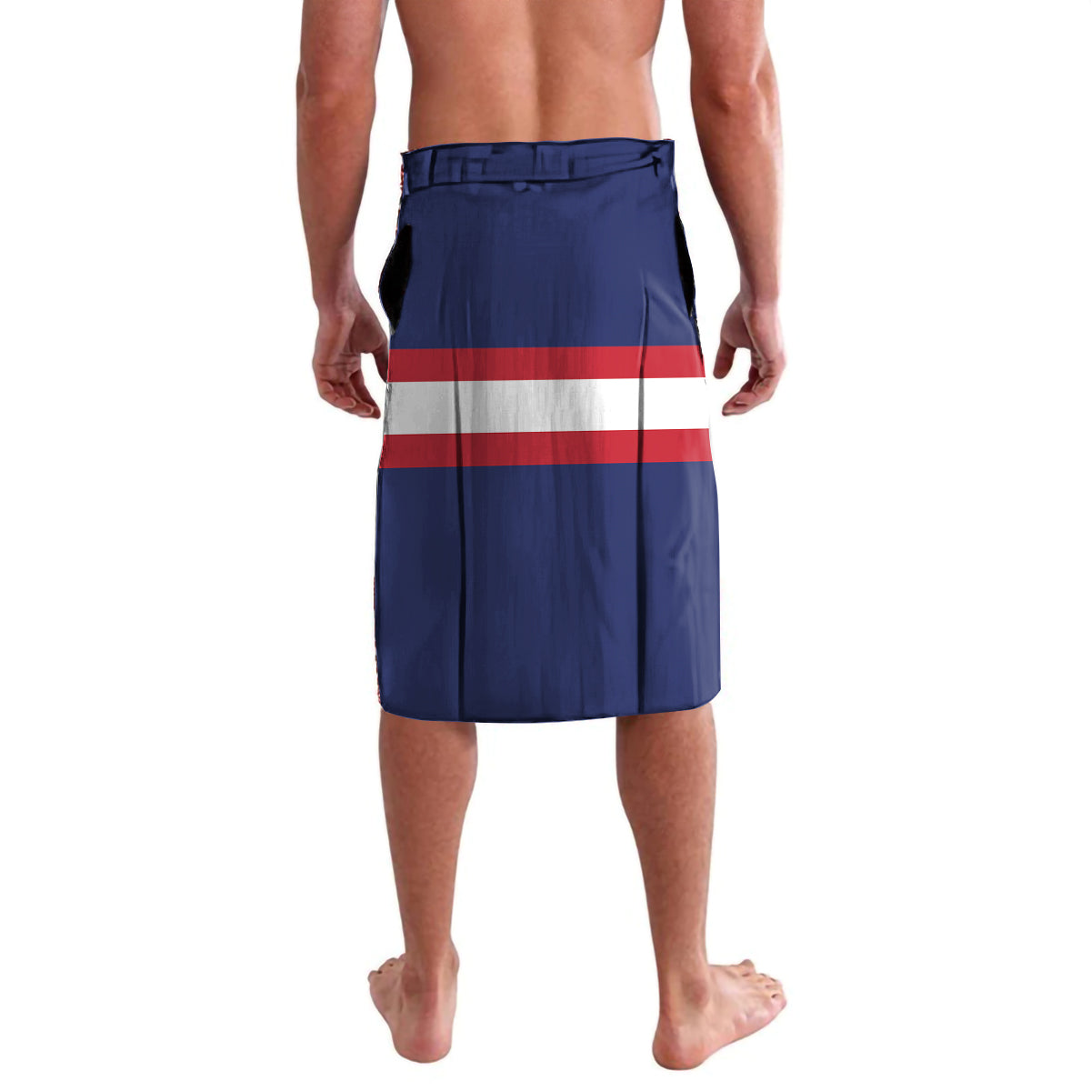 Navy-blue board shorts with red-and-white horizontal stripes and elastic waistband