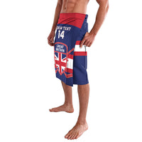 Blue board shorts with Great Britain crest, red stripe panel, and custom text 14