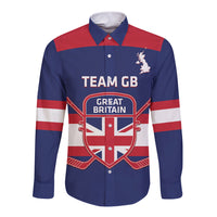 Blue long-sleeve button hockey shirt with red shoulders, white stripes, Team GB badge