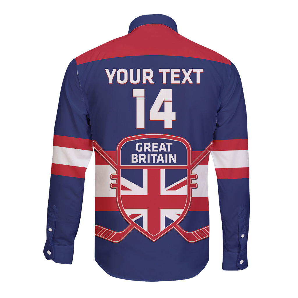 Blue long-sleeve button hockey shirt back with red shoulders, white stripes, Great Britain shield