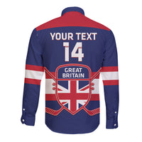 Blue long-sleeve button hockey shirt back with red shoulders, white stripes, Great Britain shield