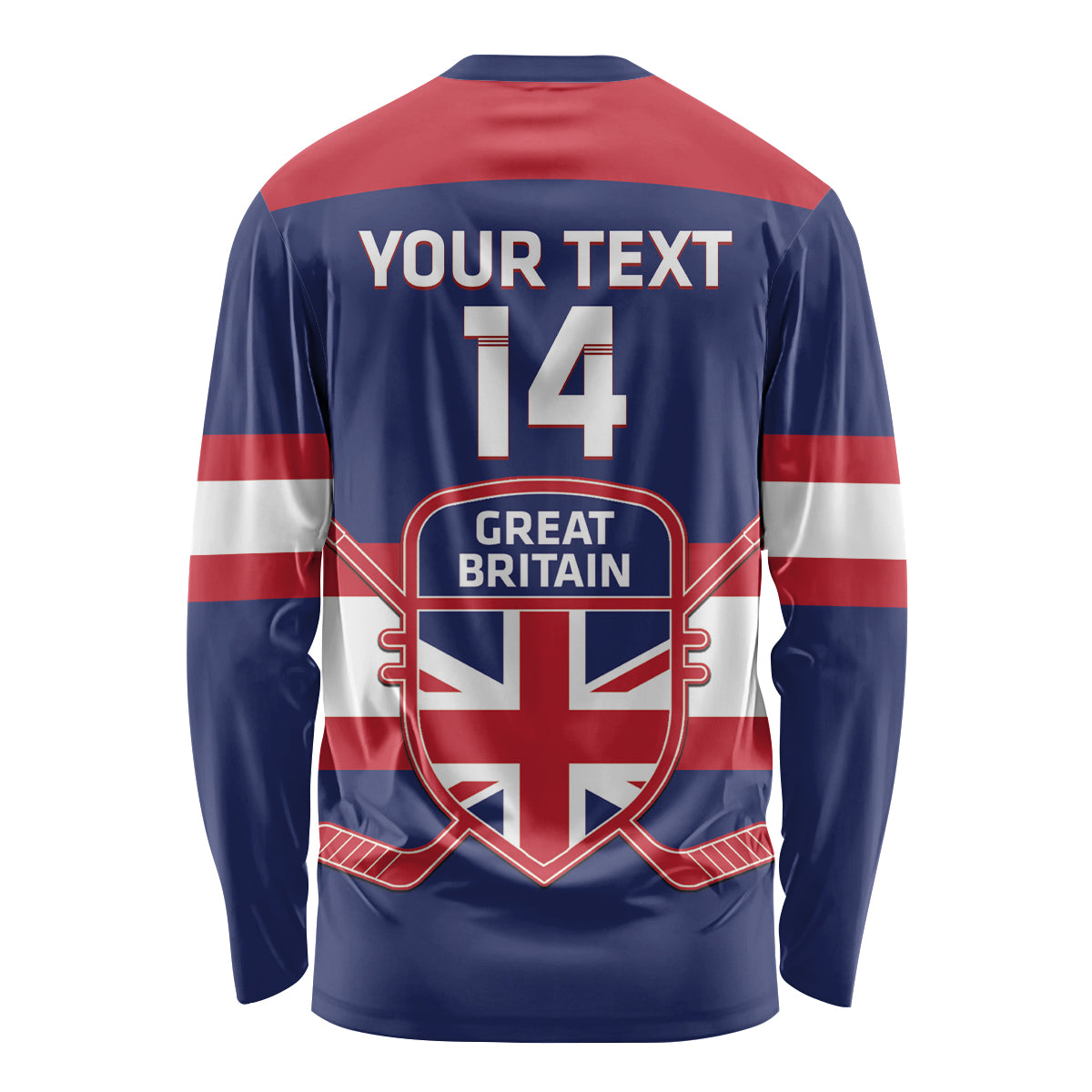 Great Britain long-sleeve hockey jersey, navy with red/white stripes, back 14 and crest